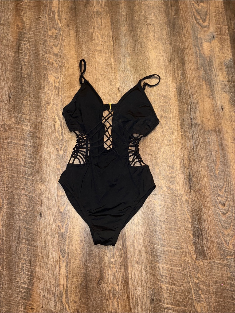 Ambrielle Black Lace-Up Cutout One-Piece Swimsuit